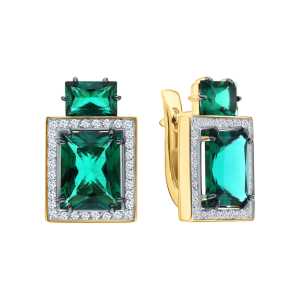 Золотые серьги с бриллиантами природными и изумрудами выращенными