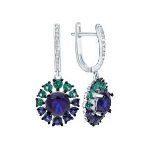 Золотые серьги с бриллиантами природными, изумрудами природными и сапфирами природными