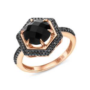 Золотое кольцо с бриллиантами чёрными природными и агатами природными